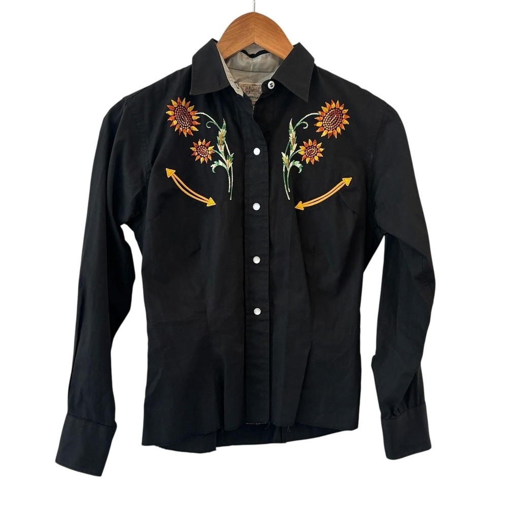 H‎ Bar C Ranchwear 50s Embroidered Western Shirt Sunflower Pearl Snap Womens S